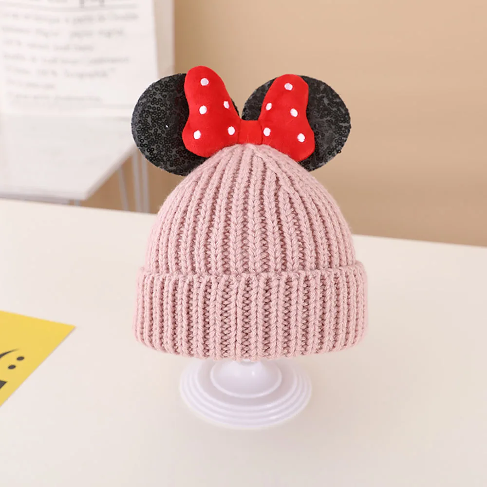 Disney Baby Hats Solid Color Minnie Beanies Girls Winter Warm Hats Cute Bowknot Knitted Caps Kids Beanies Bag Set Children Gifts