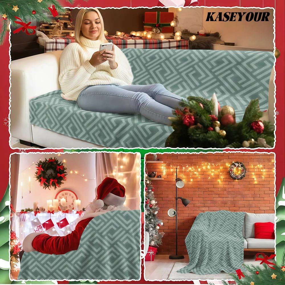Sage Green Geometric Greek Key Flannel Blanket Soft Fuzzy Plush Cozy Lightweight Throw for Sofa Bed Couch Home Decor
