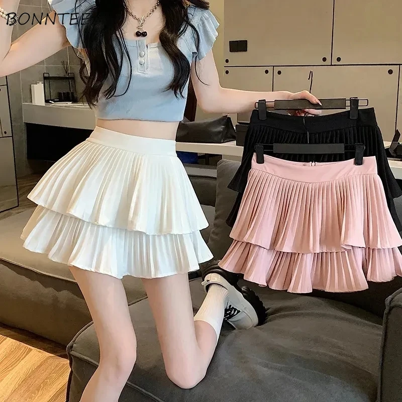 Mini Skirts Women Solid High Waist Pleated Minimalist Girlish Tender Design All-match Streetwear Literary Summer Temper Simple