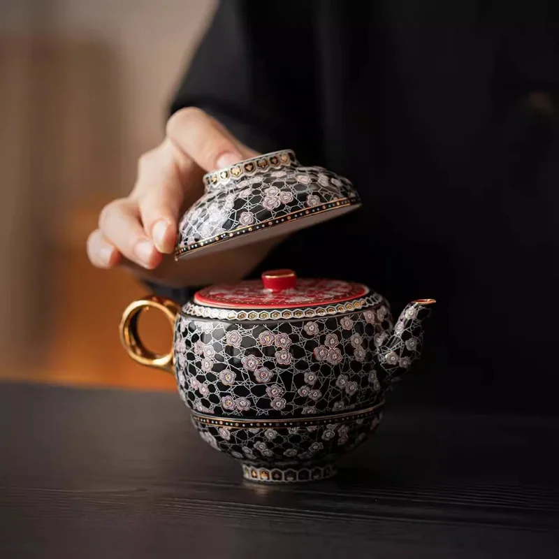 Goud en zilver verkeerd reistheeservies, draagbaar, één pot, twee kopjes, keramische expressbeker, hoogwaardige outdoor-kampeerset