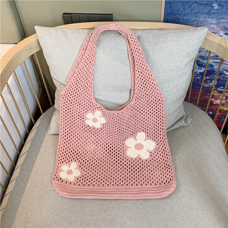 Fashion Sweet Flower Knitted Hollow Tote Bag Large Capacity Shopping Bag Ladies Simple Retro Shoulder Bag Handbag for Women