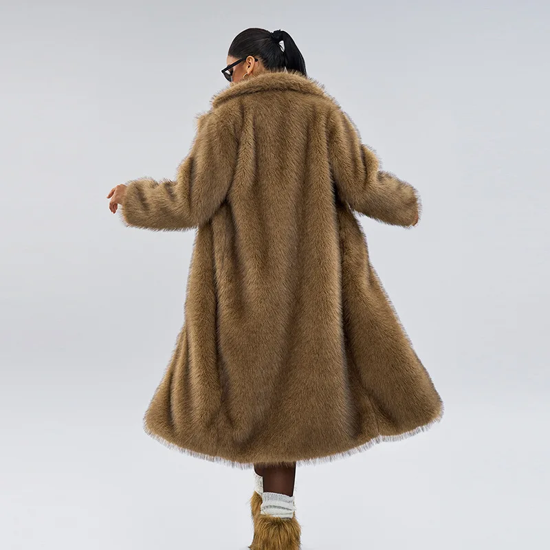Mantel Bulu Imitasi Wanita Mantel Panjang Tebal Hangat Kerah Turun Y2k Jaket Streetwear Elegan Pakaian Luar Musim Semi Jaket Musim Gugur Musim Dingin