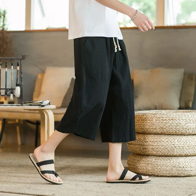 Loose Cotton Linen 7-Length Men's Shorts Casual Wide Leg plus Size Summer Comfortable Breathable Fashionable City Walk