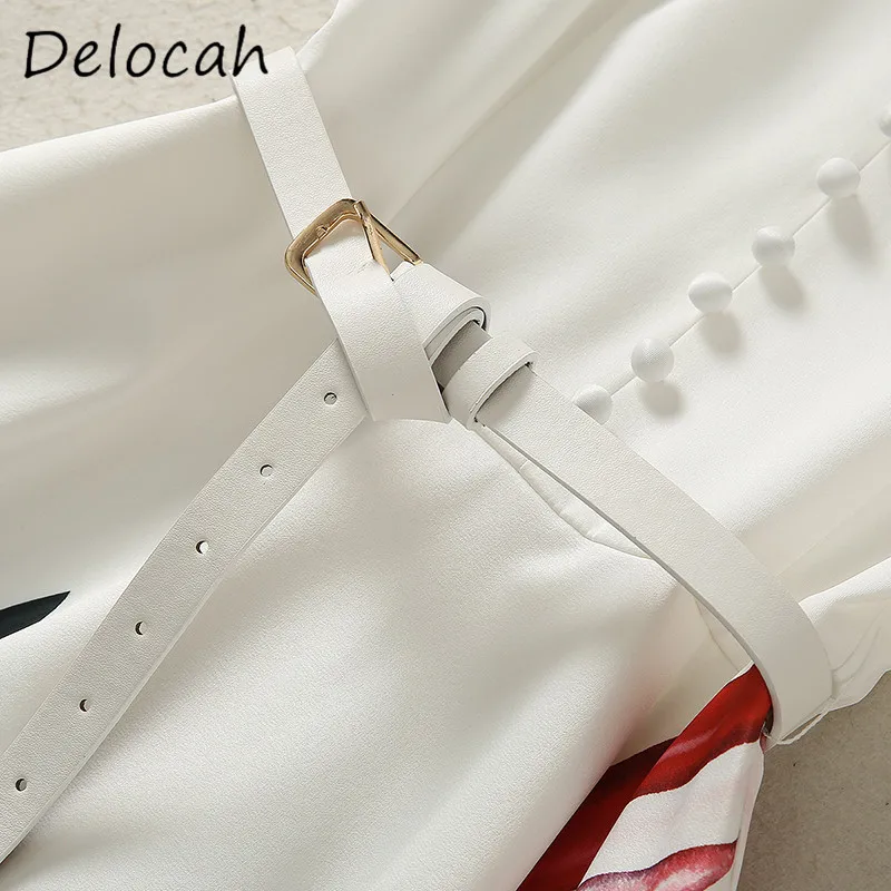 Deloach primavera/verão moda feminina gola três camadas de fio de apoio cor contrastante manga curta cinto vestido fino ajuste
