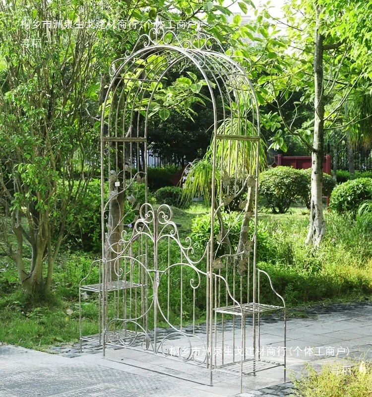 Retro old outdoor wrought iron rose climbing vine bracket arch flower stand garden with door terrace courtyard decoration