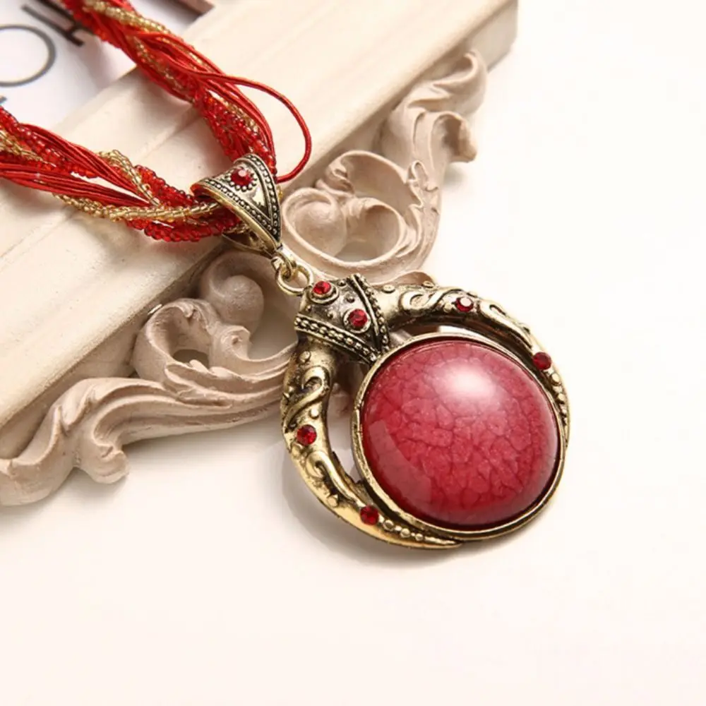 Creative Gift Resin Stone Pendant Necklace Vintage Multicolor Round Pendant Necklace Alloy Ethnic Style Rope Chain Necklace