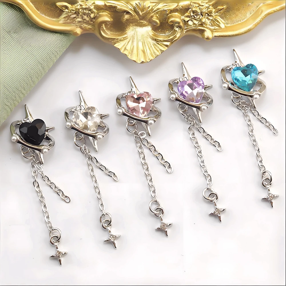 

5/10PCS 3D Luxury Alloy Nail Art Love Heart Rhinestone Charms Chain Starburst Pendant Star Nails Decoration Accessories Supplies