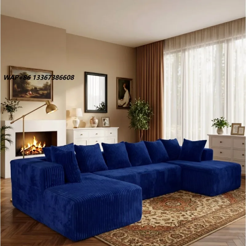 Sponge sofa 130 inches, blue square L-shaped modular convertible retractable 5-seat corduroy boneless inflatable massage sofa
