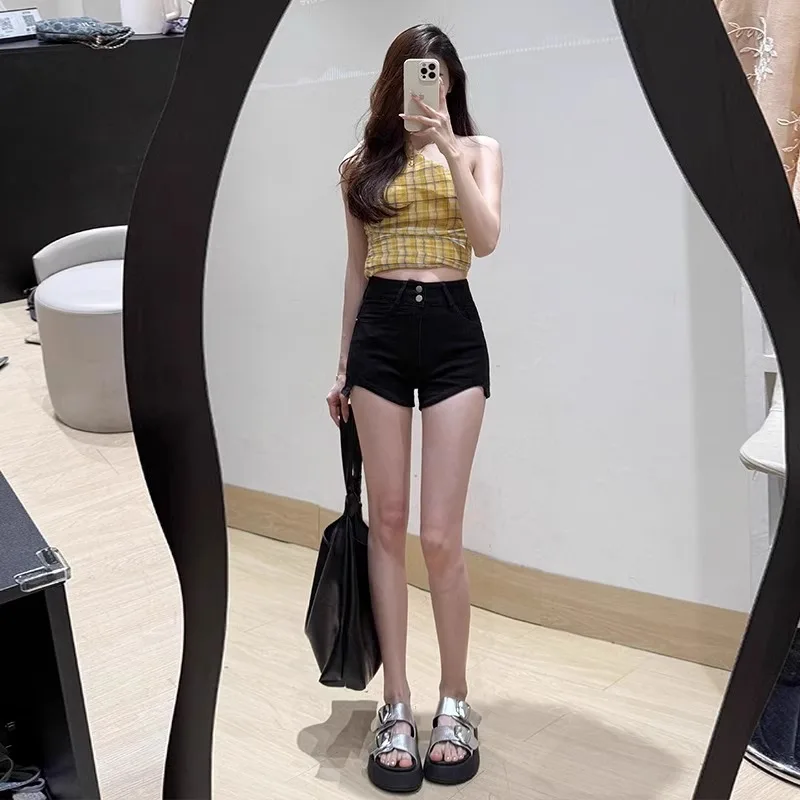 High Waist A-Line Short Shorts Women's Denim Flared Slimming Hot Pants Black Asymmetrical Elastic Cotton Blend Spring Summer