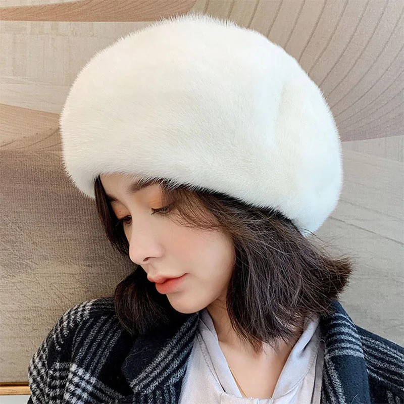 

2023 Winter New Women's Beret 100% Thickened Mink Hair Fashion Warmth Hat Simple And Elegant Solid Color Mink SKin Hat