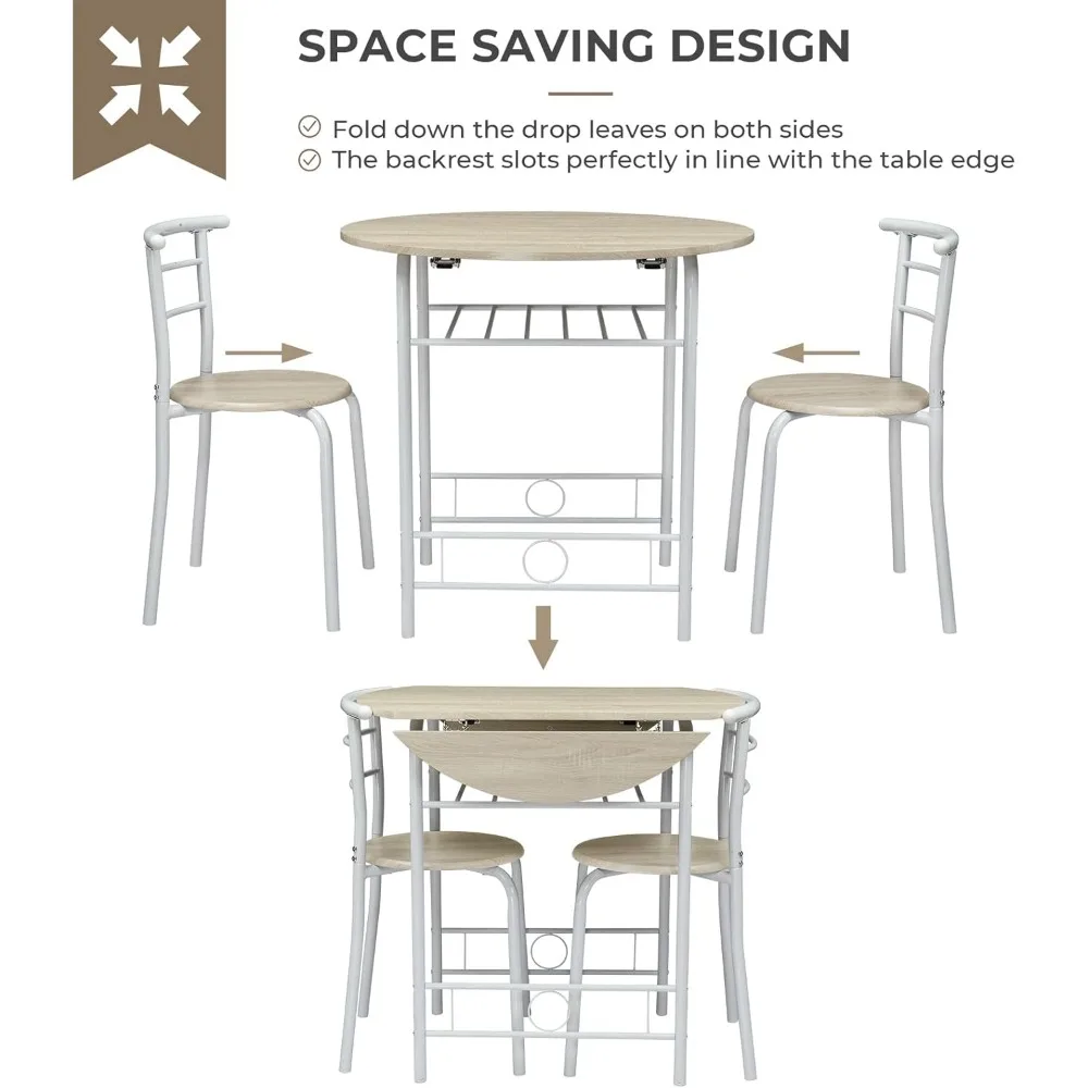 31.5" Drop Leaf Dining Table 3 Pieces for Small Space,Small Kitchen Table Set for 2,Round Folding Table with 2 Chairs for Home