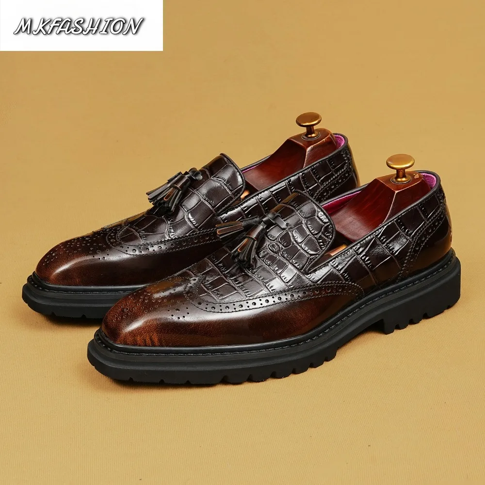 Fashion Men's Genuine Leather Crocodile Pattern Embossed Block Carved Shoes Thick Soled with Tassel Footwear