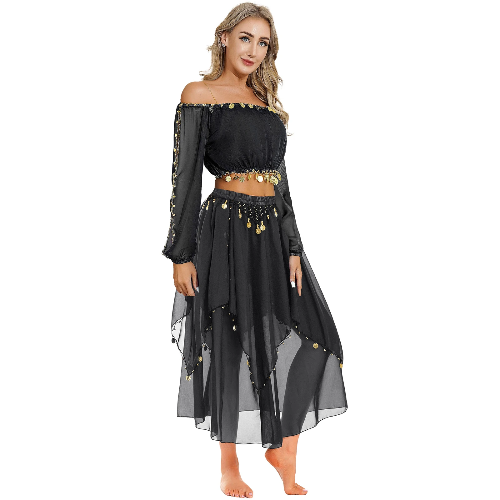 

Womens Shiny Belly Dance Outfit Off Shoulder Long Sleeve Crop Top and Sequin Trims Chiffon Skirt Suit for Dancing Party Stage