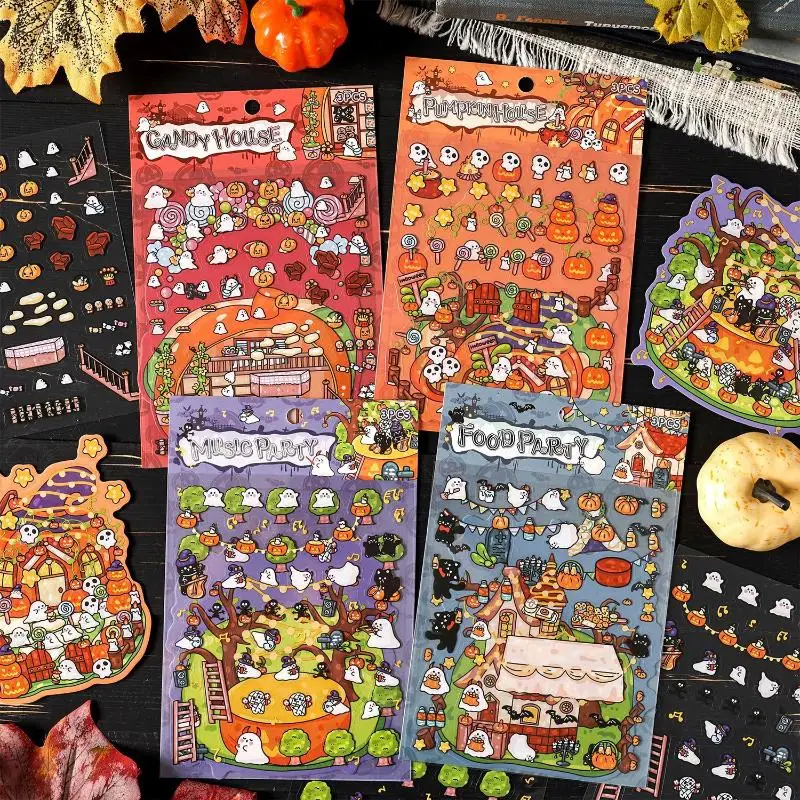 4 set di cartoni animati squisiti adesivi tridimensionali per decorazioni fai da te di Halloween adesivi per manuali paesaggistici adesivi creativi carini