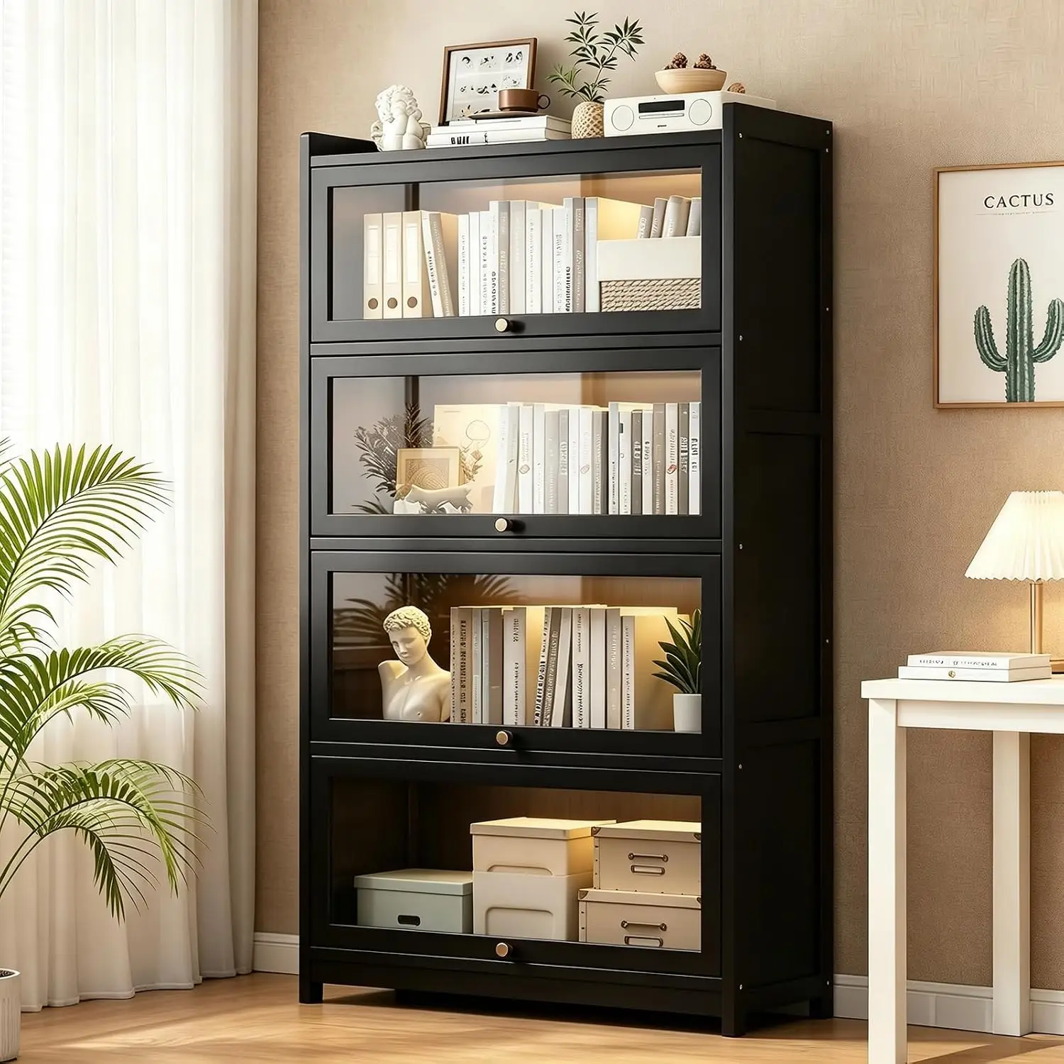 4-Tier Bamboo Bookcase with Acrylic Doors, Tall Freestanding Display Storage Cabinet for Collectibles, Large, Custom