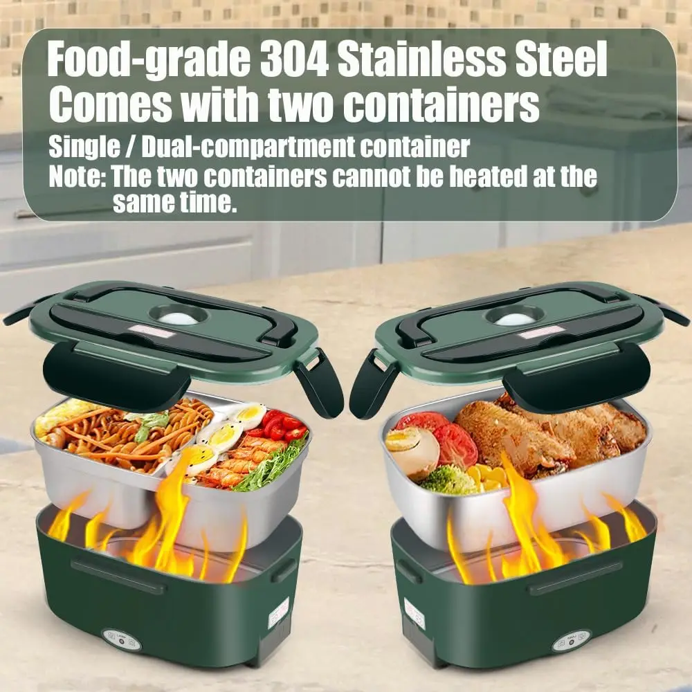 صندوق غداء كهربائي 1.5 لتر من الفولاذ المقاوم للصدأ لتدفئة الطعام 80 وات PTC محمول للسيارة والمكتب والتخييم (أخضر)