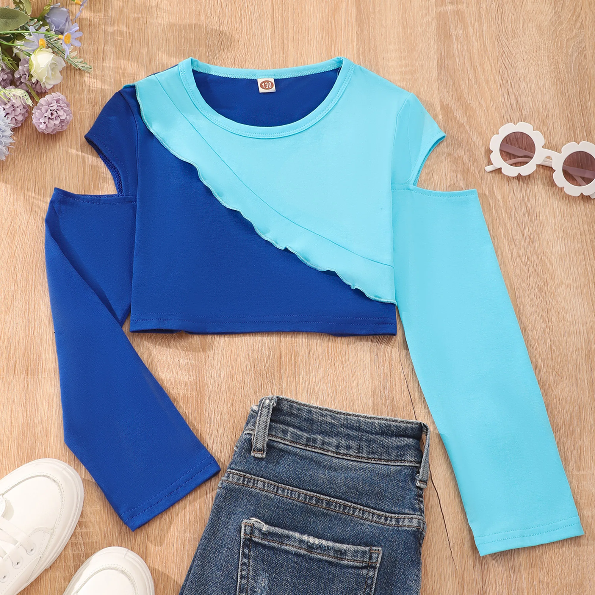 2023 Autumn Children's Wear Long Sleeve Round Neck Contrast Hollow Short Casual Comfortable Cotton Top 6 7 8 9 10 Years