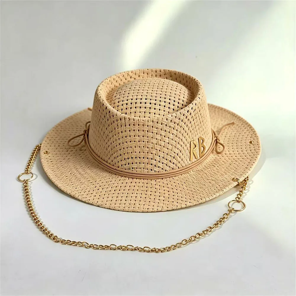 Fashion Chain Decor Straw Sun Hat, Hollow Woven Breathable Hat European Style Daily Outfit Accessory