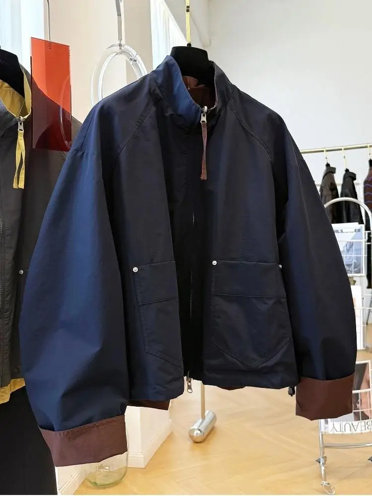 Women Korean Reversible Color‑block Stand Collar Workwear Jacket 2026 Autumn Vintage Short Casual Zipper Ladies Outerwear