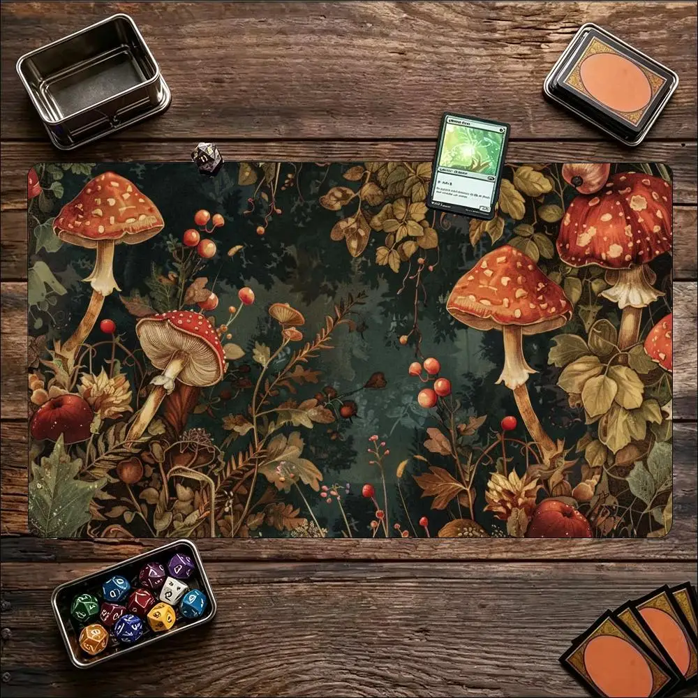Vintage Forest Mushroom Floral Game Playmat Non Slip Rubber Extended Table Mat For Trading Card Game And Tabletop Card Gaming