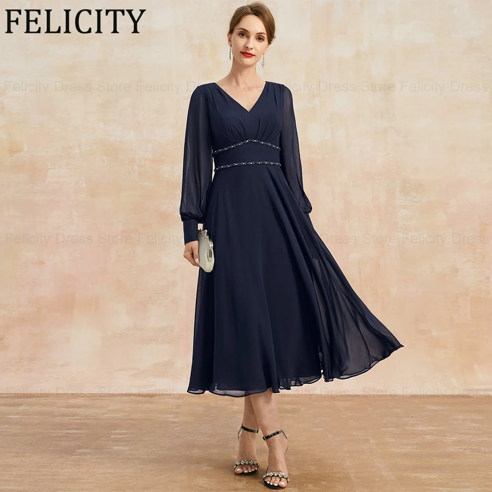 

FELICITY Chiffon Elegant Mother of the Bride Dress 2024 A-line V-Neck Wedding Guest Dresses Tea-Length Beading Prom Evening Gown