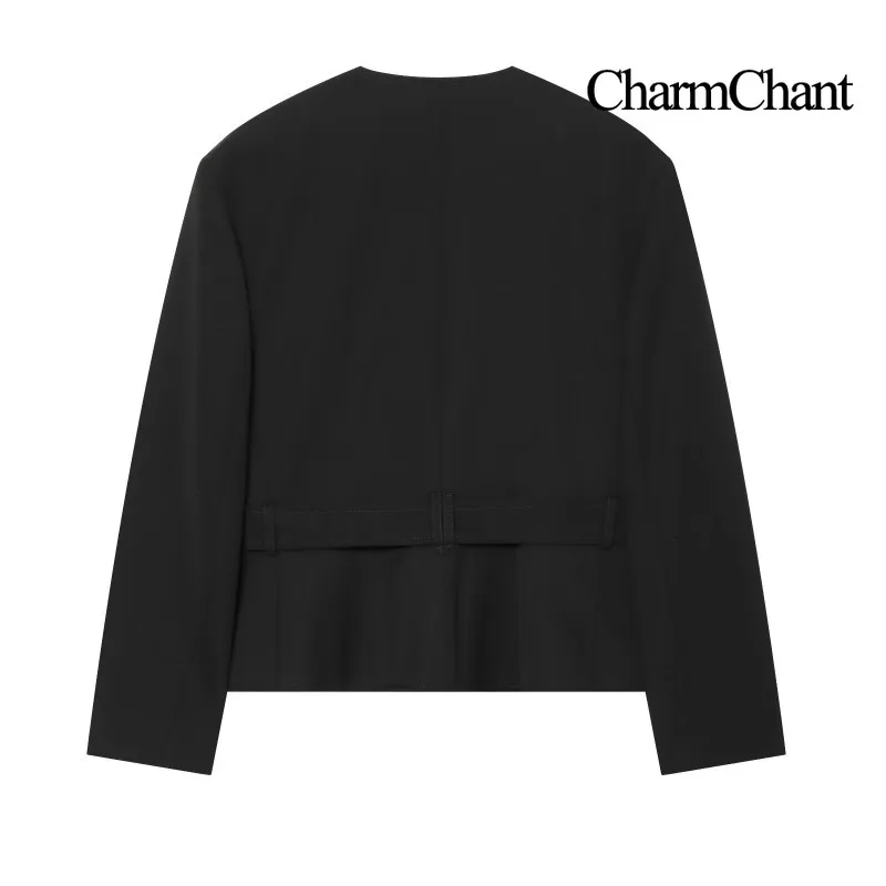CHARMCHANT Women's Round Neck Button Cropped Jacket Long Sleeve Flap Pockets Belted Slim Daily Office Outerwear Autumn 2026
