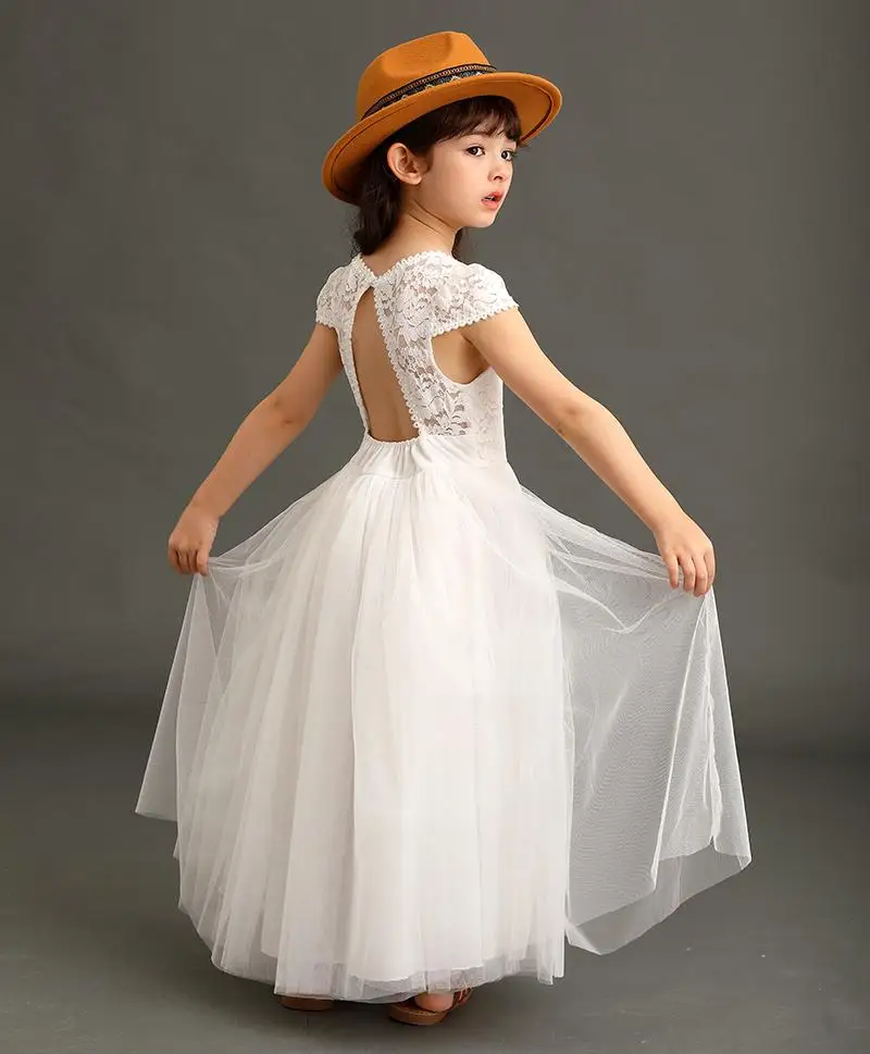 Bohemian Style Lace Mesh Patchwork V-Neck Backless Evening Dress for Girls Wedding Flower Girl Dress Suitable for Ages 4-14