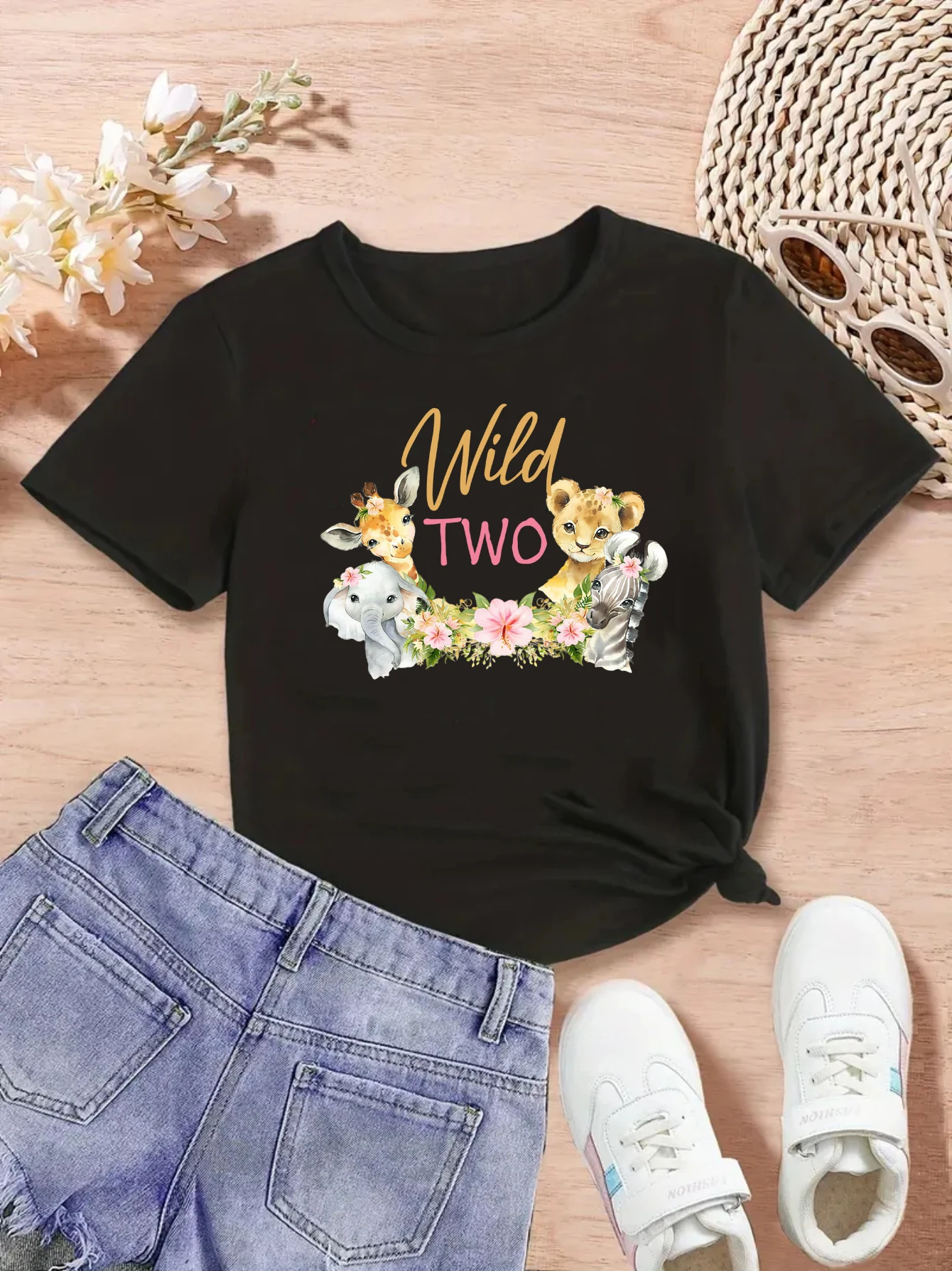 

Футболка с принтом на заказ Wild One Wild Two Wild Three Жираф Зебра и слона для девочек, подарок на первый/2-й/3-й день рождения