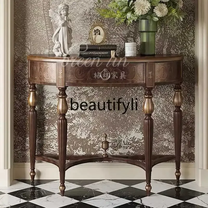 

American retro semi-round entrance entrance table/corridor entrance table/modern simple solid wood foyer table07A