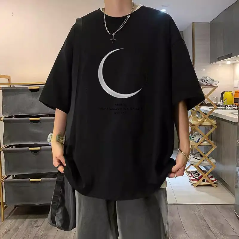 Camiseta de Manga Curta com Padrão Crescente Plus Size 300 Pounds, 100% Algodão, Fina, Estilo Casual, Gola Redonda, para Homens e Mulheres
