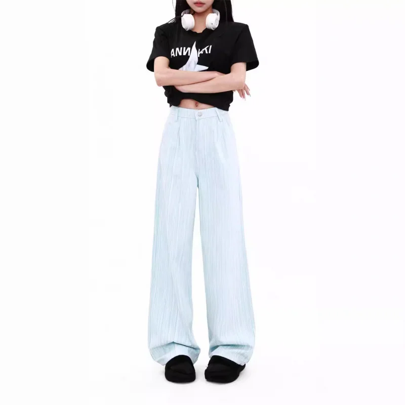

2025Hot-Selling Blue Striped Casual Pants Summer High-Waisted Loose Slimming Textured Pear-Shaped Wide-Leg Pants Trendy