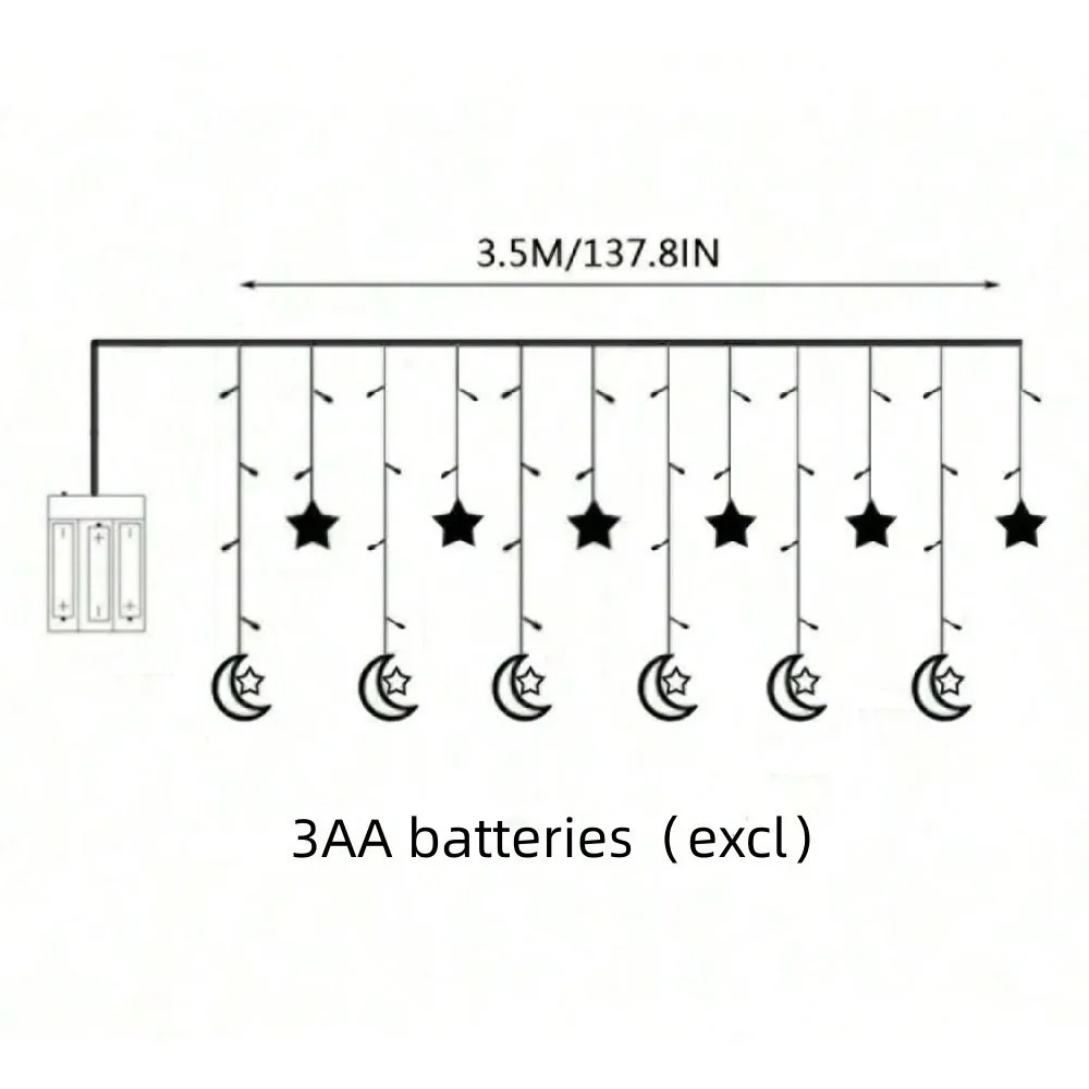 1PC 3.5M120LED Star Moon LED Light String,powered by 3AA batteries,excluding batteries,used for bedroom and Ramadan decoration ﻿