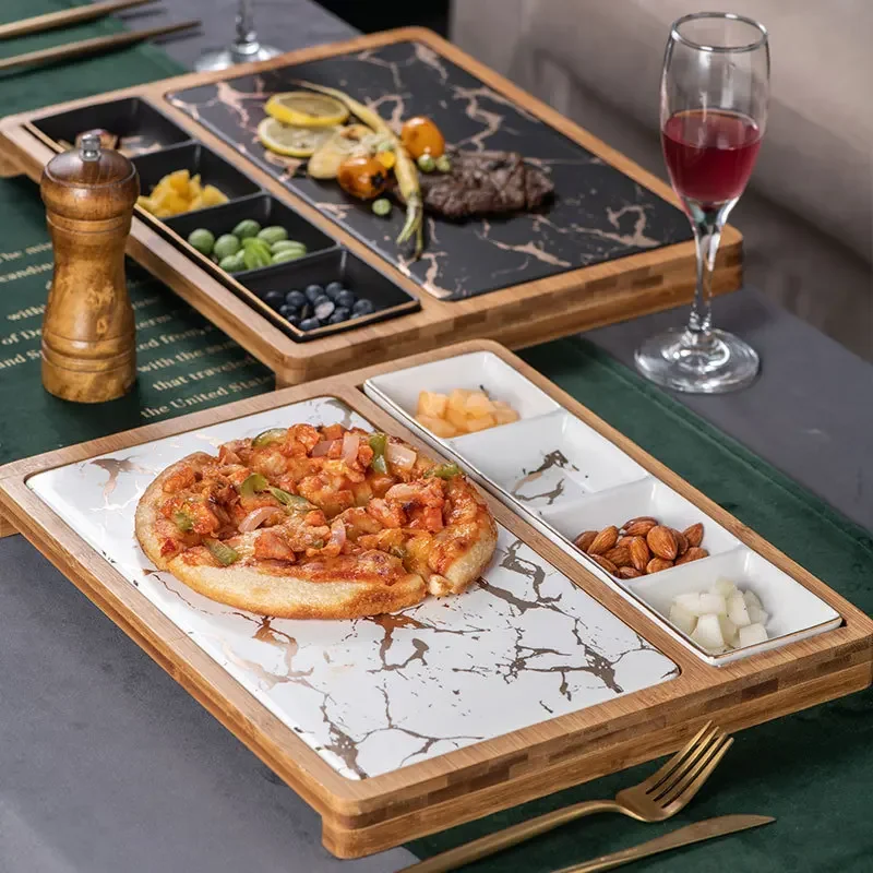 

Nordic restaurant pizza snack plate square ceramic plate creative gold patterned Western plate with grilled steak