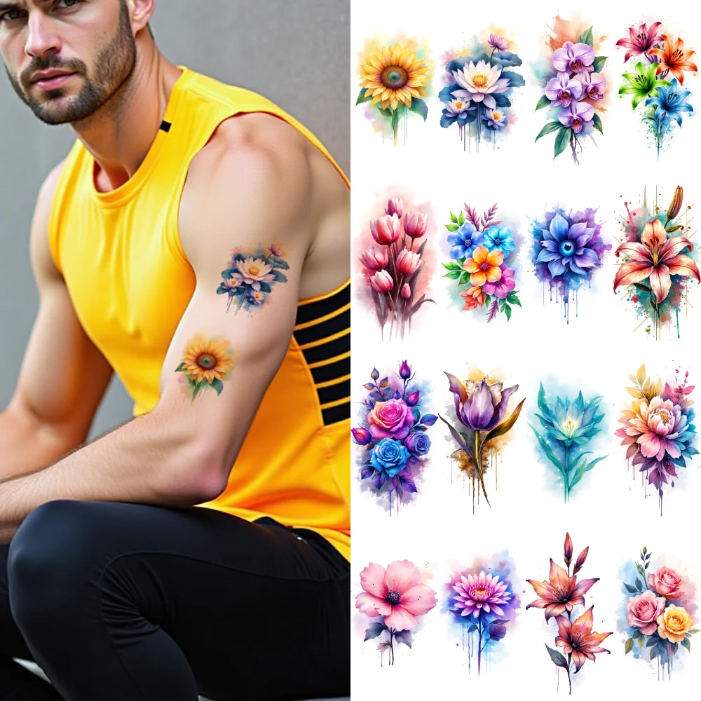 9pcs Temporary Tattoo Lotus Watercolor Sunflower Tulip Waterproof Long-lasting Body Stickers Cherry Blossom For Arms
