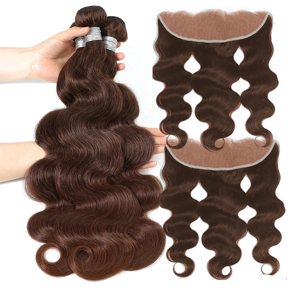 #4 Chocolate Brown Colored Body Wave Human Hair Bundles With 4x4/5x5/13x4 Closure Frontal Remy Human Hair Weave Extensions 2X6 Middle Part Lace With Bundles