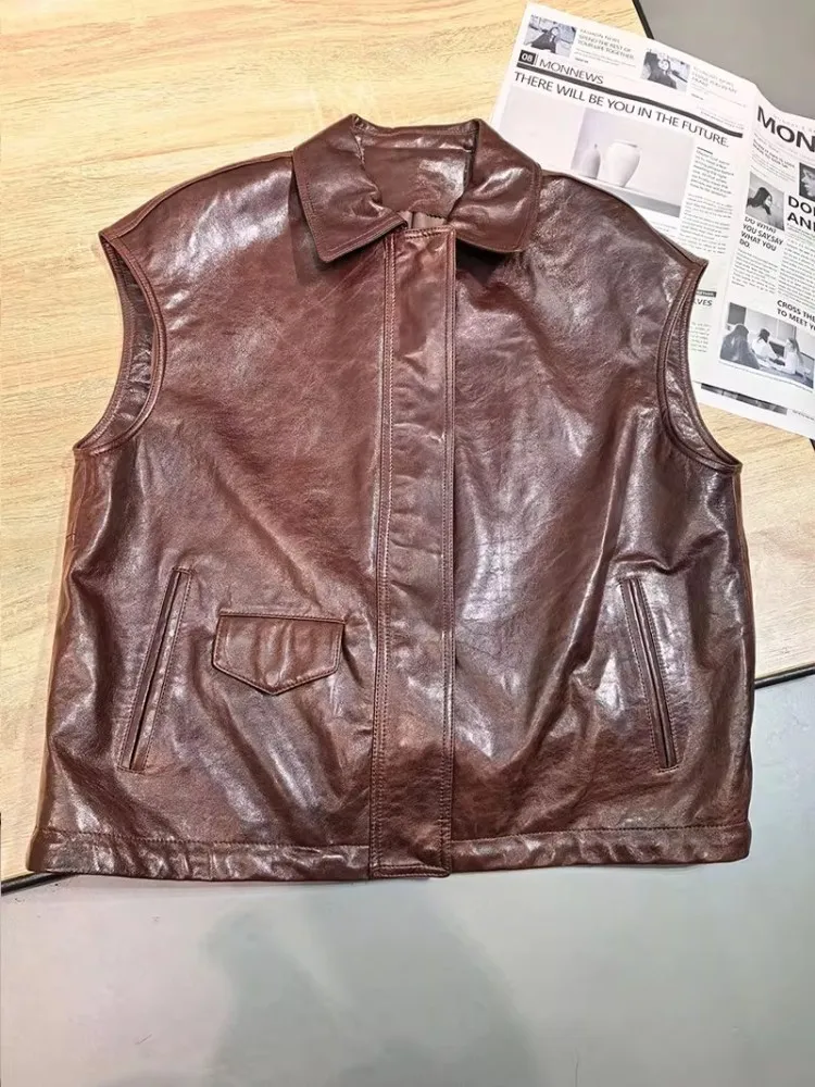 Vintage Autumn Women Genuine Leather Vests Zipper Loose Fit Casual Oil Wax Sheepskin Waistcoat High Street Sleeveless Jacket