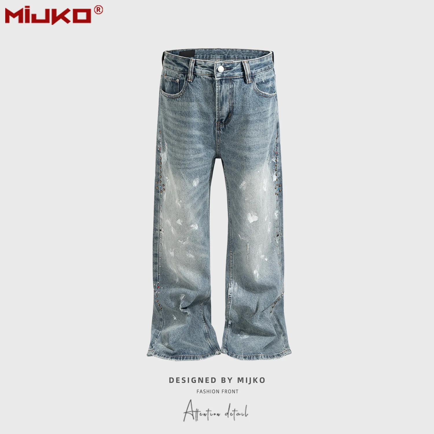MIJKO Unisex Splatter Paint Accent Jeans Washed Aged Metal Stud Blue Jeans  for Men And Women G6922#