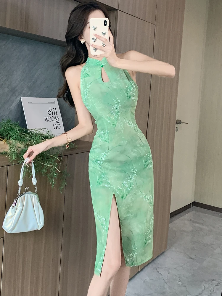 2024 New Green Floral Hollow Out Neck-mounted Dress Summer Elegant Casual Holiday Dress Women Korean Bodycon Festival Prom Dress