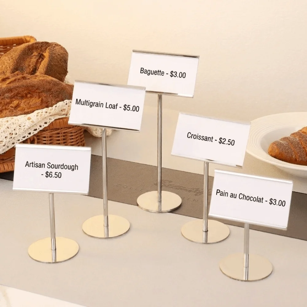 Durable Stainless Steel Menu Card Holder Vertical Display Sleek Business Card Stand Price Card Holder Display Rack Buffet Setup