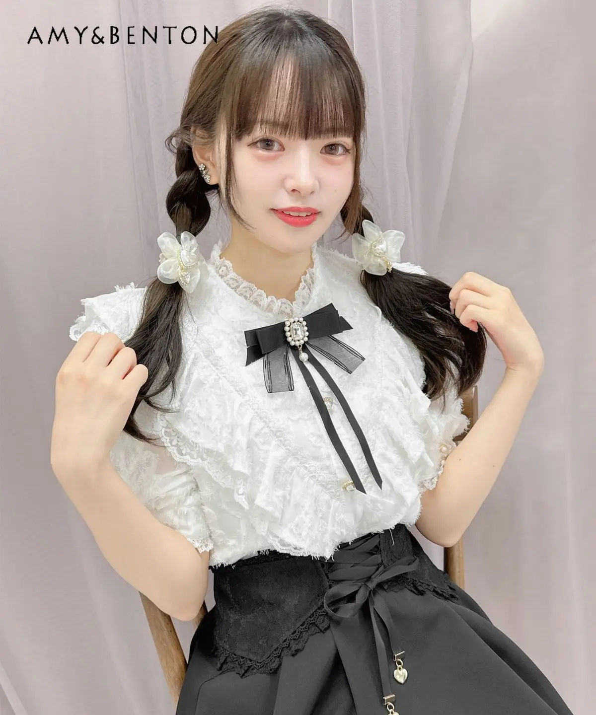 

Japanese Single Rojita Lolita Shirt Girl Short Sleeve Mine Blusas Top Women Sweet Feather Bow V-neck Fashion White Blouse Female