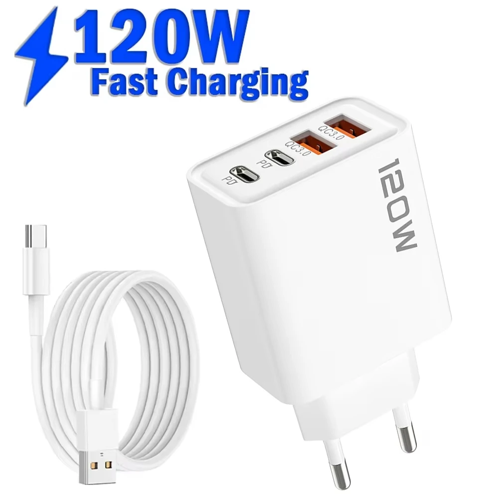 120W Total Fast Charging Quick Charger PD USB Type-C Wall Adapter for iPhone 16/15/14 Xiaomi Huawei Redmi Oneplus -Phone Charger