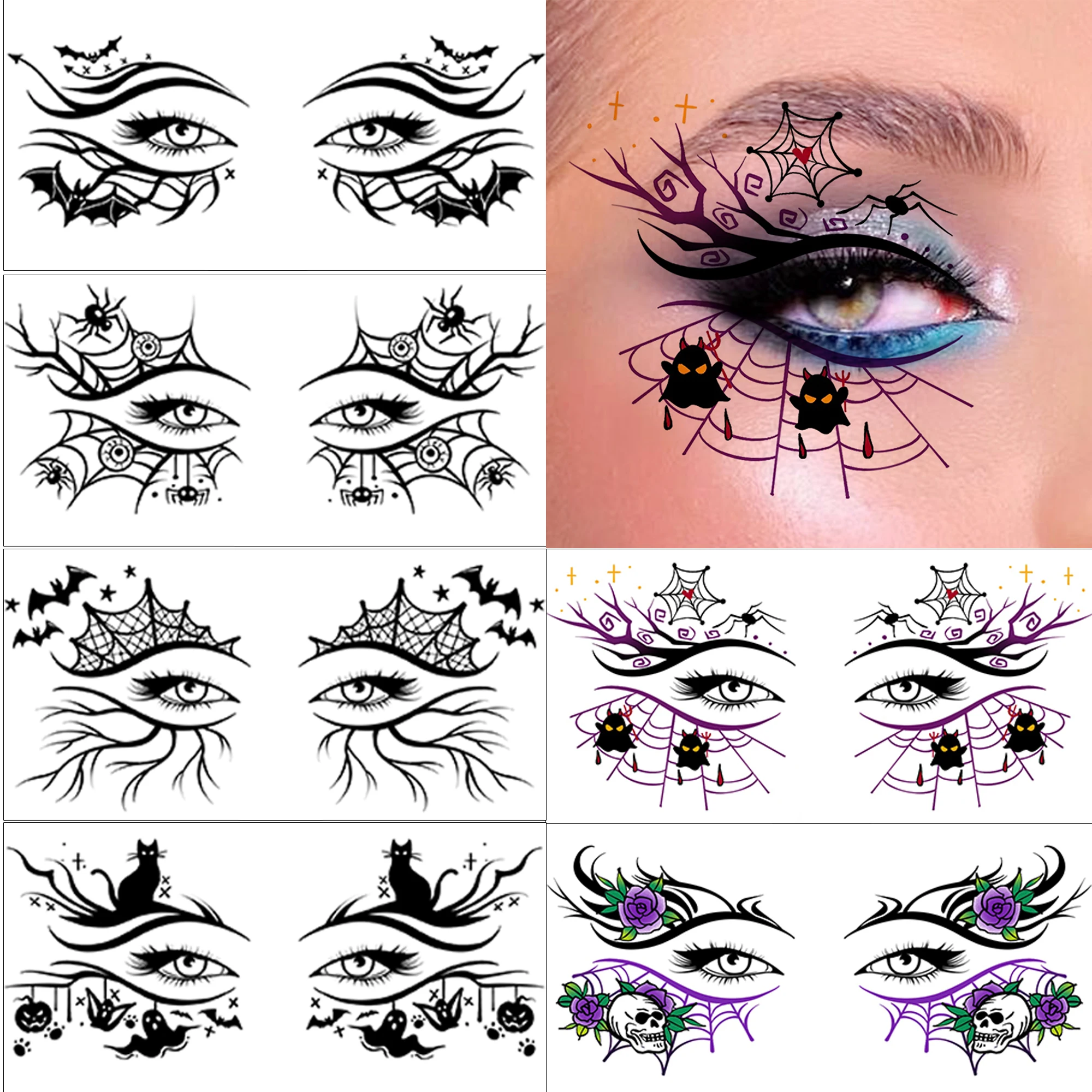 1 Sheet Halloween Spider Blood Vessel Bat Ghost Temp Tattoo For Eye Shadow Eyeliner Sticker, Waterproof Long Lasting Fake Tattoo