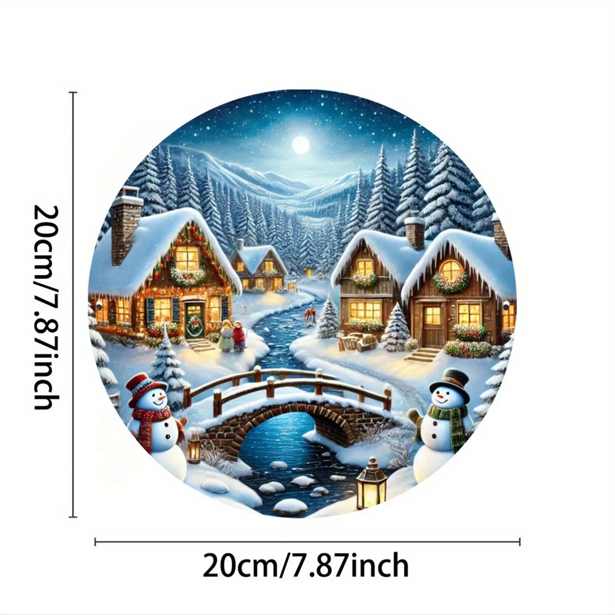 Winter Snowy Village Snowman Bridge River Full Moon Scene Tin Sign - Vintage Durable Metal Plaque Wall Decor, Christmas Holiday
