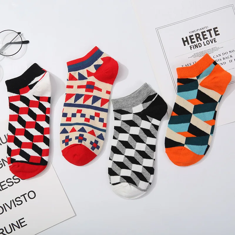 Socks Men New Design Boat Short Summer Abstract Math Geometric Fruits Lattice Colorful Man Socks Cotton