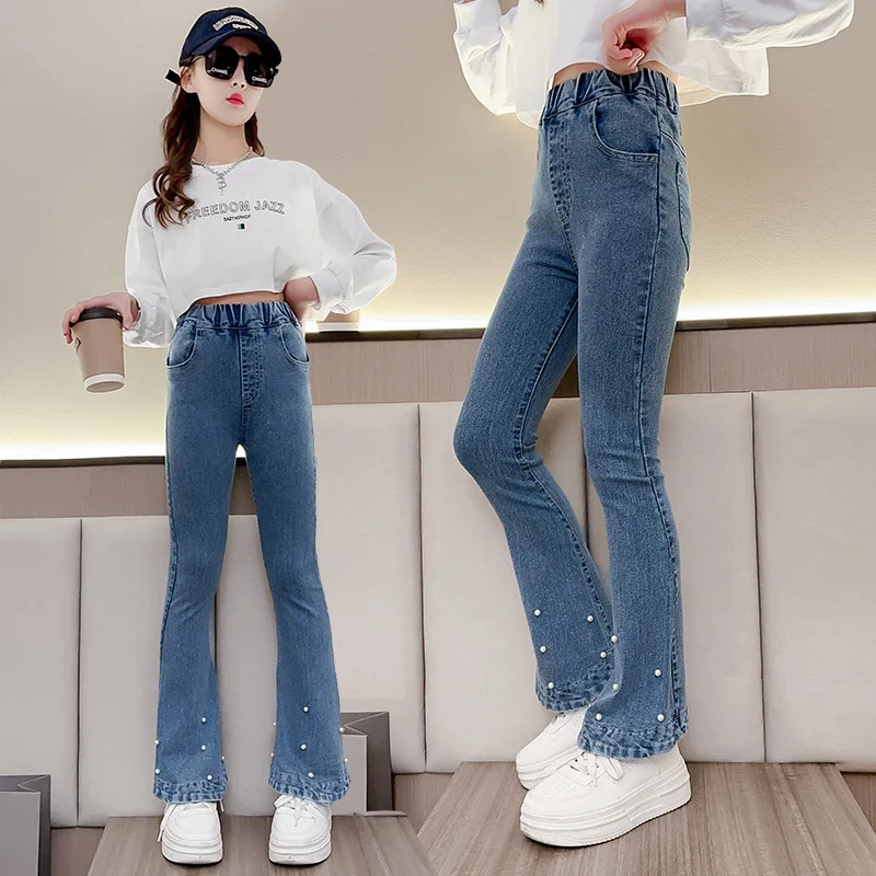 

Girl's Pearl Denim Bell Bottomed Pants, New Autumn Style Slim Fit Jeans for Middle-aged and Young Children