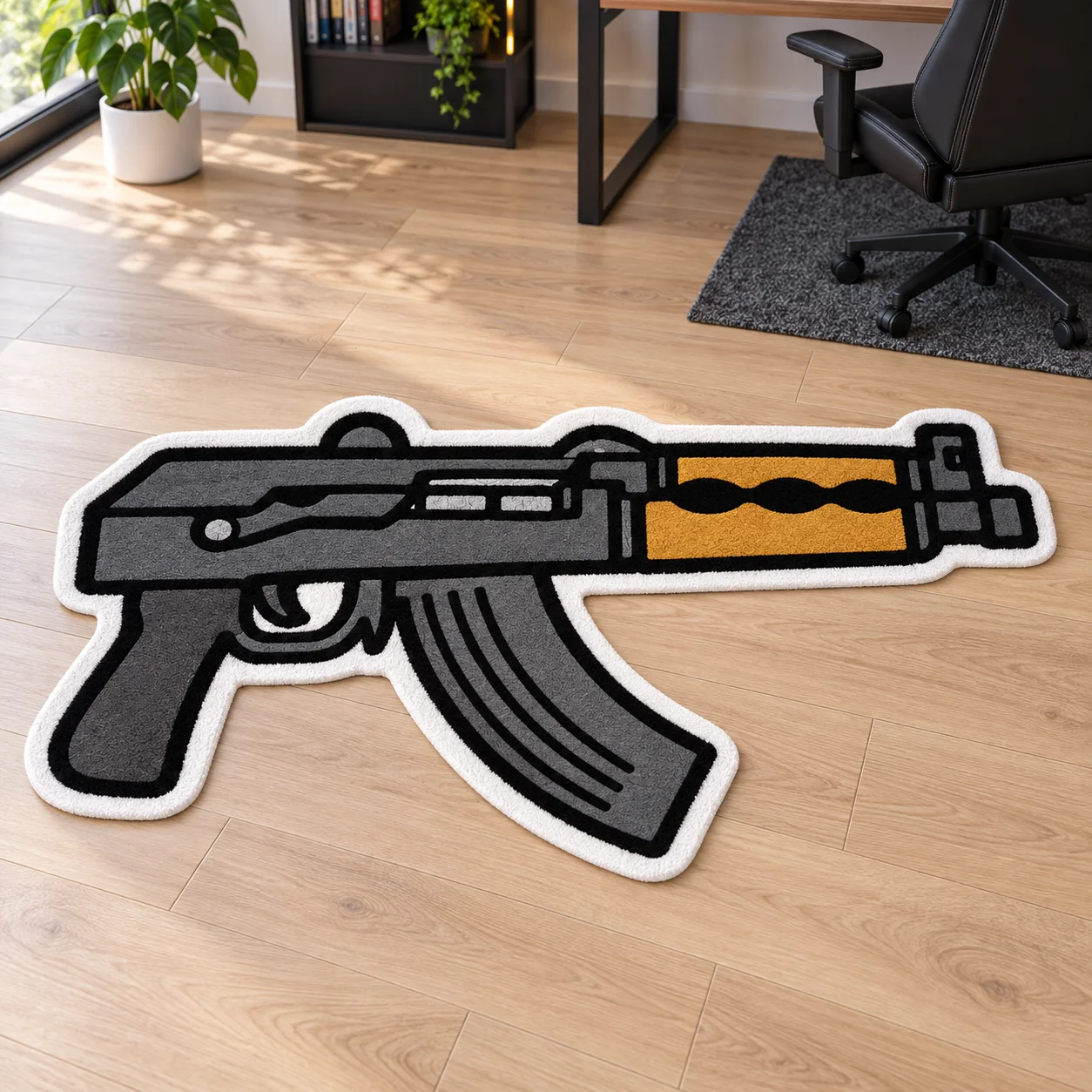Tactical Rifle Shaped Area Rug, Modern Graphic Floor Mat for Gaming Room Bedroom Man Cave Entryway, Bold Home Decor Gift