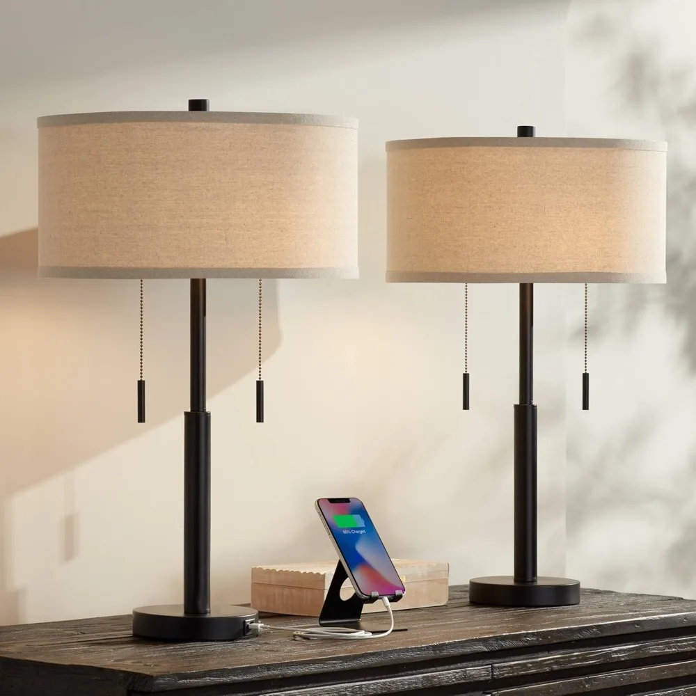 

Bernie Industrial Nightstand Table Lamp 25" High Set of 2 with Hotel Style USB Charging Port Rich Bronze Met table lamp