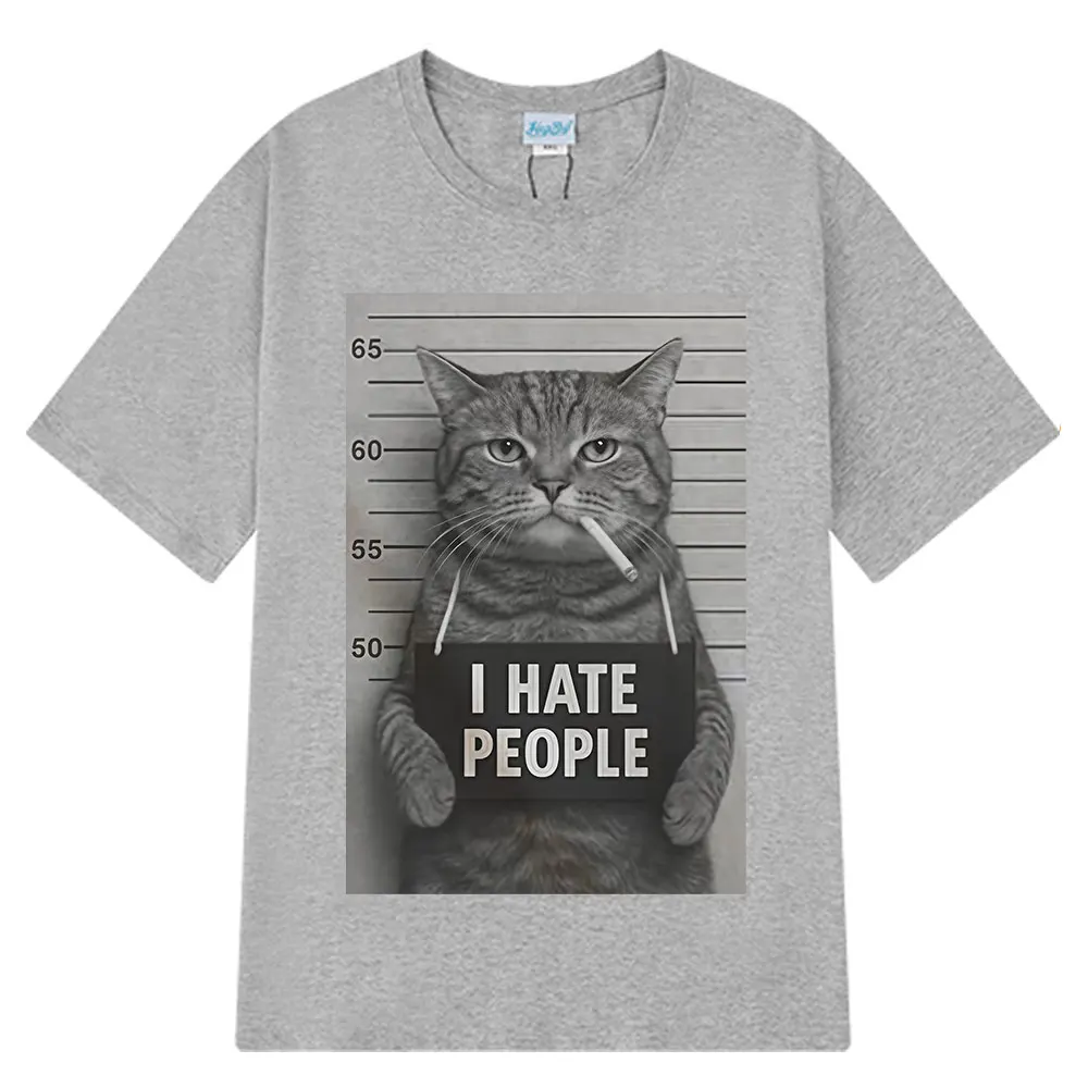 I Hate People Meow Print T-shirt Fun Cat Print T Shirts Men Women Loose Short Sleeve Clothing Harajuku Cotton Casual T-shirts