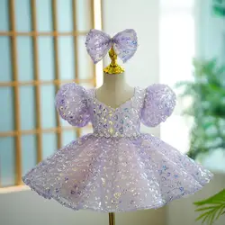 Children's Sequins Evening Gown Puff Sleeve Design Kids Host Runway Costumes Wedding Birthday Eid Party Girls Dresses A3594