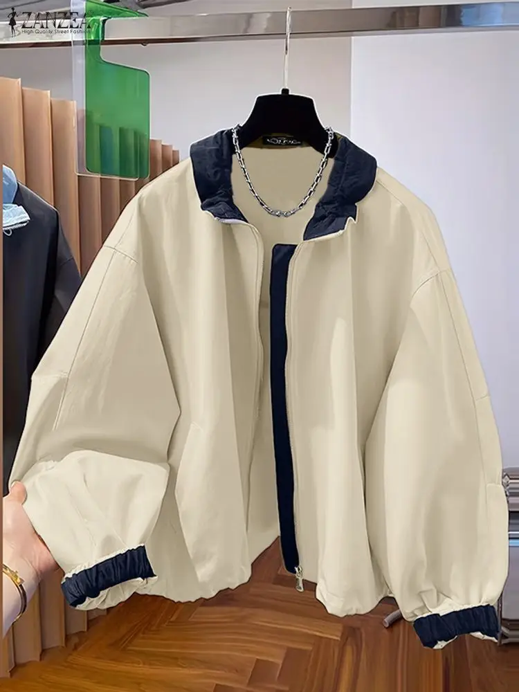 

ZANZEA модные куртки с цветными блоками, женские пальто с отложным воротником и длинными рукавами на молнии, осень 2021, легкая женская верхняя одежда 3XL